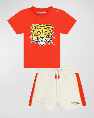 Kenzo Boy's Logo Printed T-shirt And Shorts Set In Bright Red