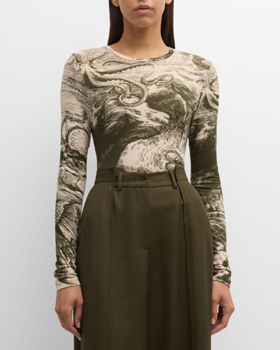 Jason Wu Collection Oceanscape Printed Jersey Long-sleeve Top In Cream/ Deep Olive