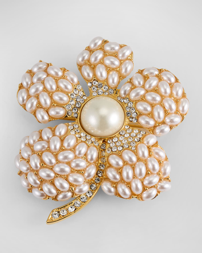 Kenneth Jay Lane Pearl And Crystal Flower Pin In Gold