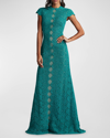 TADASHI SHOJI CAP-SLEEVE A-LINE FLORAL LACE GOWN