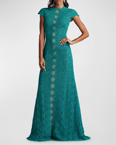 Tadashi Shoji Cap-sleeve A-line Floral Lace Gown In Caribbean