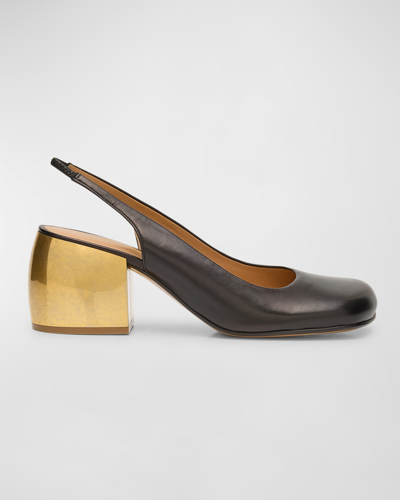 Dries Van Noten Calfskin Metallic-heel Slingback Pumps In Black