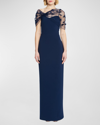 THEIA SOFIA FLORAL APPLIQUE TULLE & CREPE GOWN