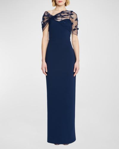 Theia Sofia Floral Applique Tulle & Crepe Gown In Navy