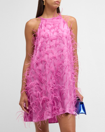 Lapointe Feather Embellished Doubleface Satin Halter Mini Dress In Pink