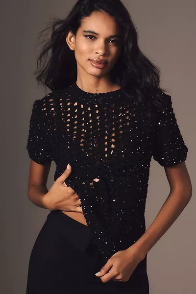 Endless Rose Short-sleeve Sequin Open-stitch Sweater In Black