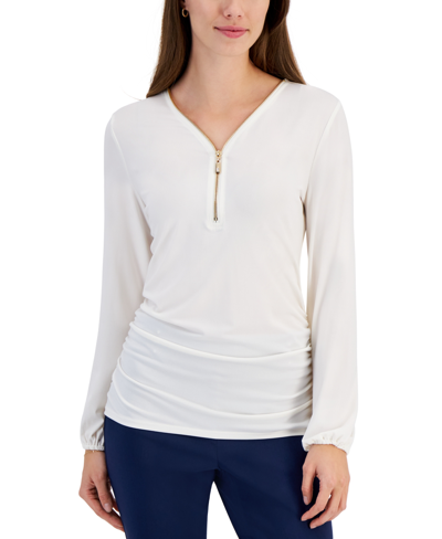 Jm Collection Women's Zip V-neck Ruched Front Top, Created For Macy's In Neo Natural