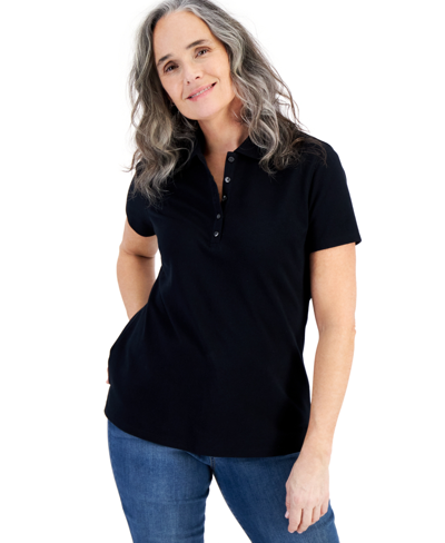 Style & Co Women's Short-sleeve Cotton Polo Shirt, Created For Macy's In Deep Black