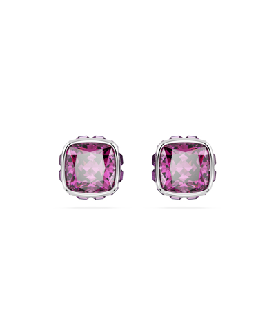 Swarovski Rhodium Plated Square Cut Color Birthstone Stud Earrings In Purple
