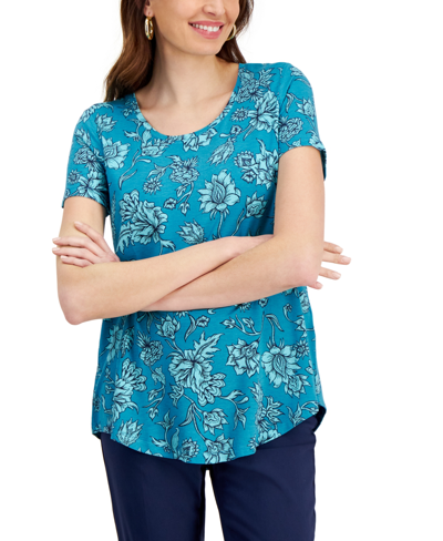 Jm Collection Women's Printed Short-sleeve Scoop-neck Top, Created For Macy's In Seafrost Combo