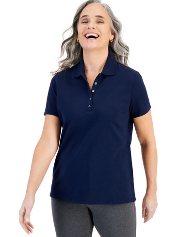 Style & Co Women's Short-sleeve Cotton Polo Shirt, Created For Macy's In Industrial Blue