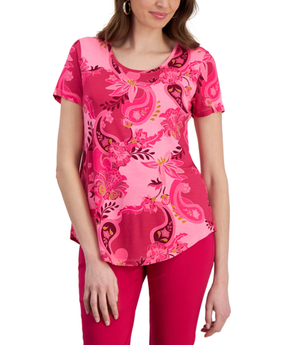 Jm Collection Women's Printed Short-sleeve Scoop-neck Top, Created For Macy's In Claret Rose Combo