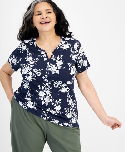 Style & Co Plus Size Short-sleeve Henley Printed Top, Created For Macy's In Floral Industrial Blue