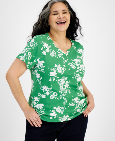 Style & Co Plus Size Short-sleeve Henley Printed Top, Created For Macy's In Floral Green