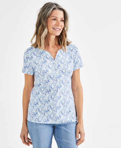 Style & Co Women's Short-sleeve Printed Henley Top, Created For Macy's In Patchy Blue