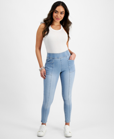 Inc International Concepts Petite High-rise Seamed Pull-on Skinny Jeans, Created For Macy's In Light Indigo