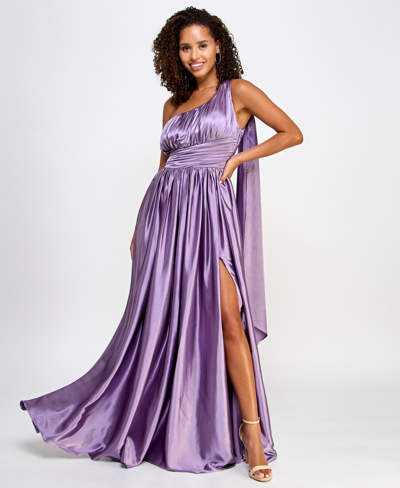 Speechless Juniors' Satin One-shoulder Pleated Gown, Created For Macy's In Dark Lavender