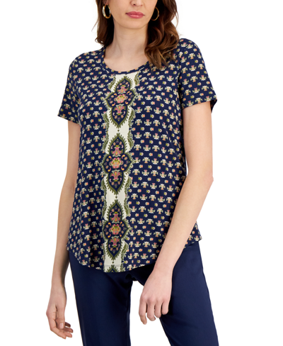 Jm Collection Women's Printed Short-sleeve Scoop-neck Top, Created For Macy's In Intrepid Blue Combo