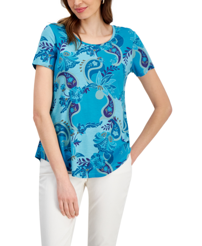 Jm Collection Women's Printed Short-sleeve Scoop-neck Top, Created For Macy's In Seafrost Combo