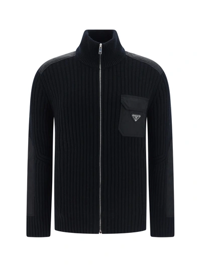 Prada Logo Triangle Zipped Knit Cardigan In Black