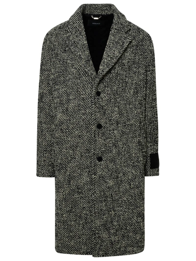 Versace Diagonal Wool Long Coat In Grey