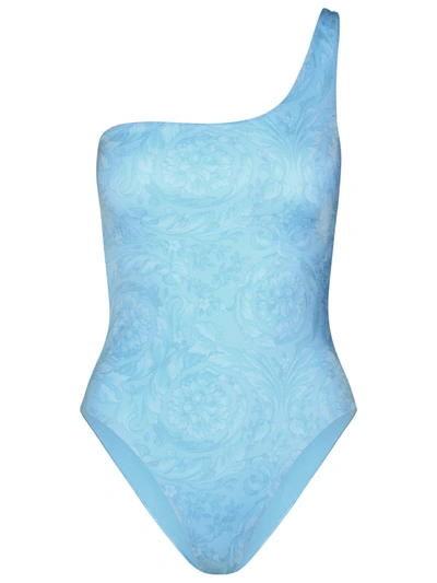 VERSACE VERSACE ASYMMETRIC 'BAROCCO' ONE-PIECE SWIMSUIT IN LIGHT BLUE POLYESTER BLEND WOMAN