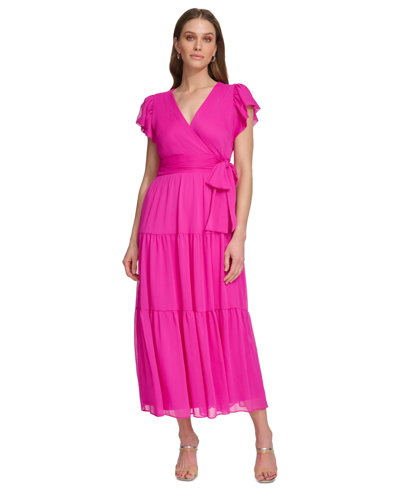 Dkny Women's Faux-wrap Cap-sleeve Tiered Midi Dress In Power Pink