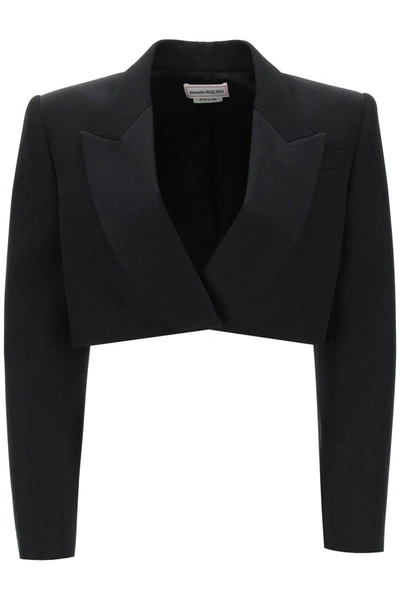 Alexander Mcqueen Cropped Tuxedo Jacket In Nero