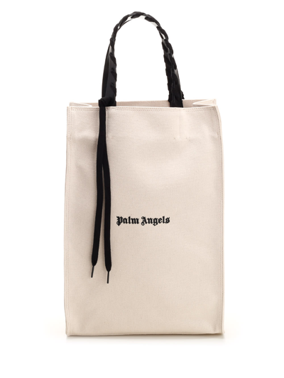Palm Angels Cotton Canvas Tote Bag In Natural Black