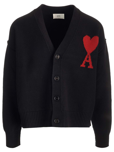 Ami Alexandre Mattiussi Logo-intarsia Organic Cotton And Wool-blend Cardigan In Black,red