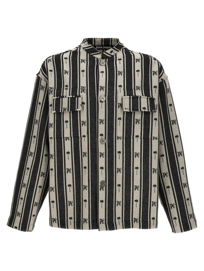 Palm Angels Monogram Jacquard Striped Overshirt In Offwhite