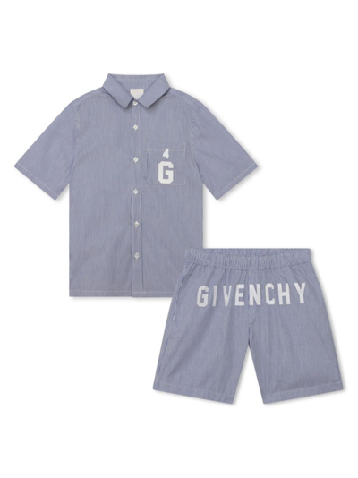Givenchy Kids' 4g Striped Cotton Shorts Set In Blue