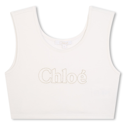Chloé Kids' Logo-embroidered Cropped Tank Top In 117-off White