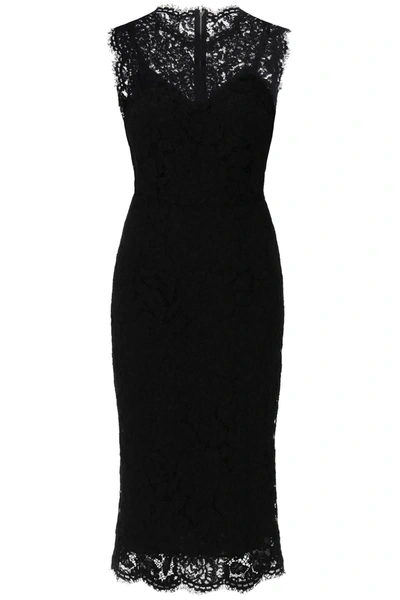Dolce & Gabbana Logoed Stretch Lace Longuette Dress In Black