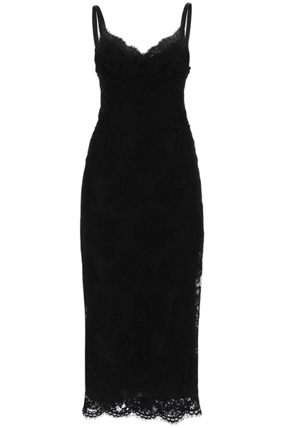 Dolce & Gabbana Midi Lace Dress With Slit In 黑色的