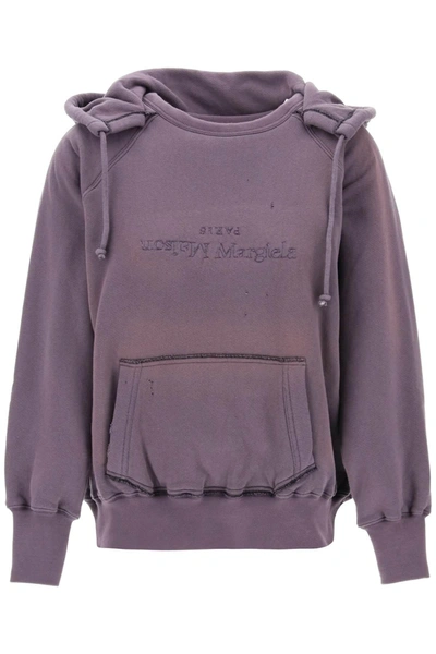 Maison Margiela Logo Detailed Drawstring Hoodie In Purple