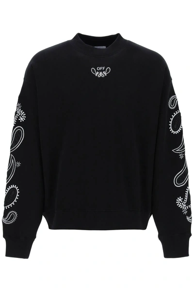 Off-white Brushed Cotton Bandana Embroidered Crewneck Sweatshirt In Black