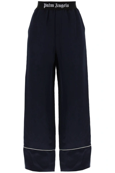 Palm Angels Logo-jacquard Piped Linen-blend Satin Pajama Pants In Blue