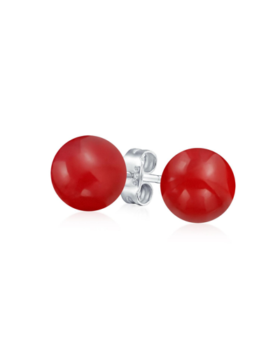 Bling Jewelry Sterling Silver Semi-precious Stone 10mm Ball Stud Earrings In Red Coral