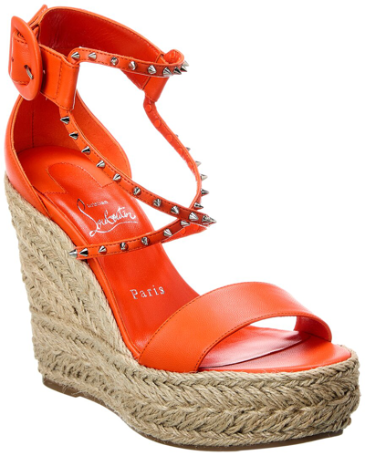 Christian Louboutin Leather Spikes Red Sole Wedge Espadrilles In Orange