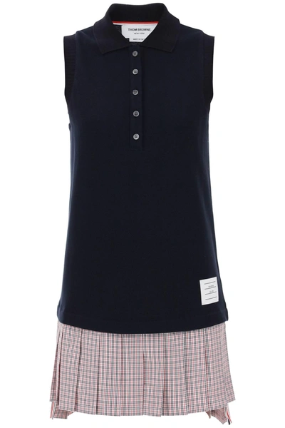 Thom Browne Pleated-skirt Polo Minidress In Dark Blue