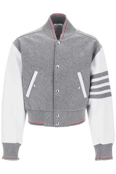 Thom Browne Wool Bomber Jacket With Leather Sleeves And In Gray