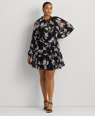 Lauren Ralph Lauren Plus Size Floral Fit & Flare Dress In Black Multi