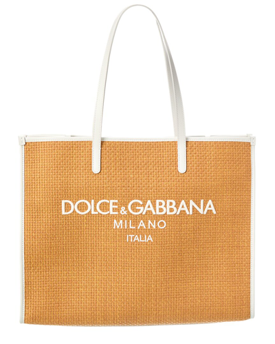 Dolce & Gabbana Large Embroidered Leather-trimmed Raffia Tote In White