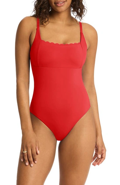 Sea Level Scalloped Square Neck One-piece Swimsuit In Red