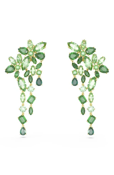 Swarovski Gema Green Crystal Flower Clip On Chandelier Earrings In Gold Tone In Emerald
