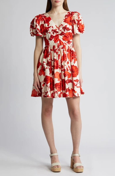 Chelsea28 Floral Puff Sleeve Cotton Dress In Beige- Red Selena Blooms