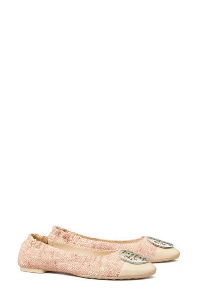 Tory Burch Claire Cap Toe Ballet Flat In Peach / Ivory / Gold / Silver
