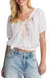 Lucky Brand Geometric Embroidery Cotton Short Sleeve Top In Bright White