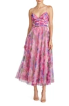 ML MONIQUE LHUILLIER ML MONIQUE LHUILLIER MADISON FLORAL PLISSÉ TULLE MIDI COCKTAIL DRESS